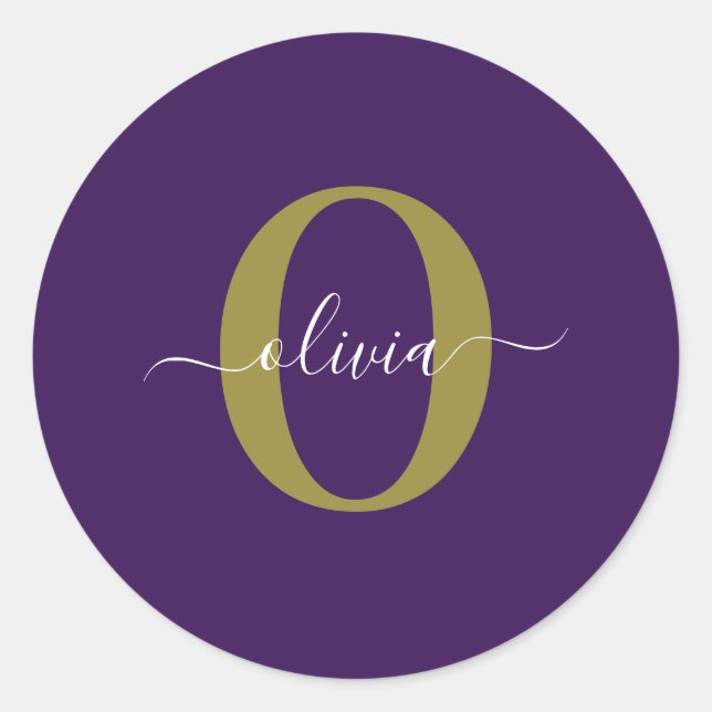 Customised Monogram Script Name Purple White Gold Classic Round Sticker (Front)