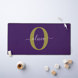Customised Monogram Script Name Purple White Gold Desk Mat