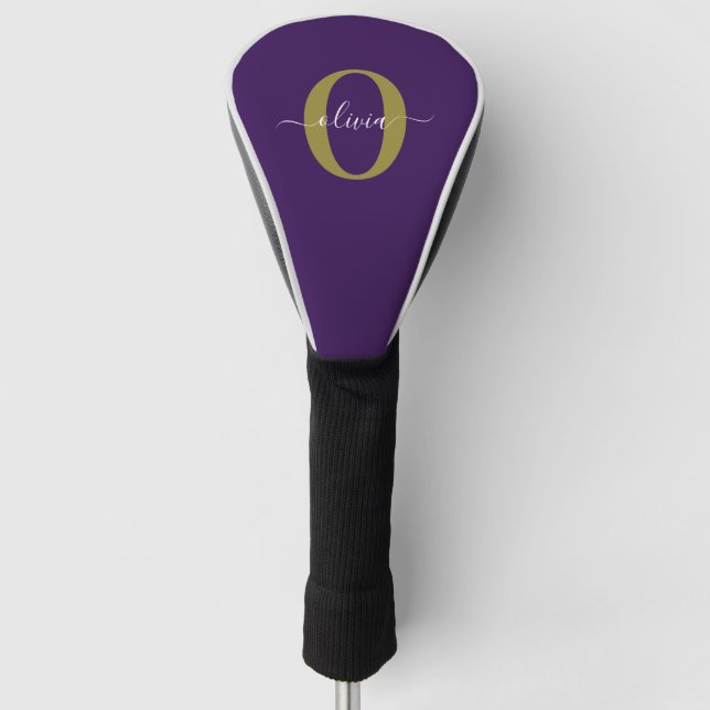 Customised Monogram Script Name Purple White Gold Golf Head Cover (Front)