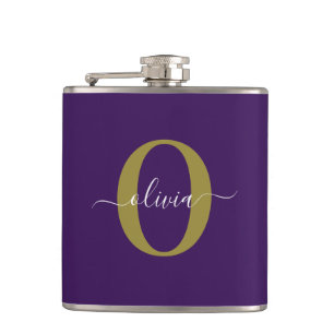 Customised Monogram Script Name Purple White Gold Hip Flask