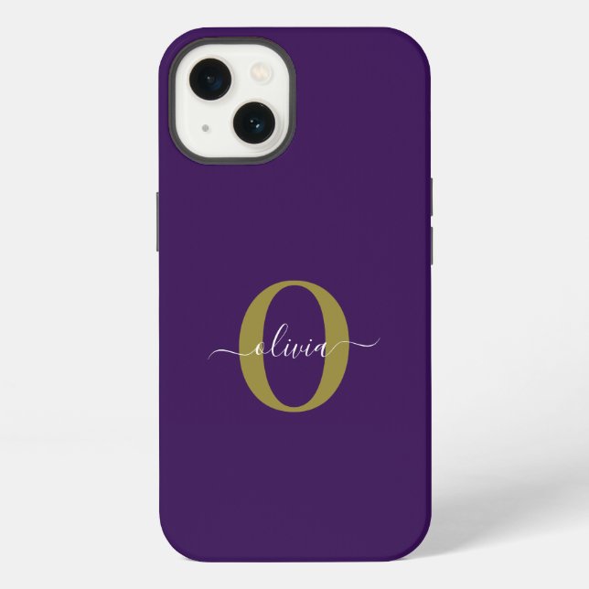 Customised Monogram Script Name Purple White Gold iPhone Case (Back)