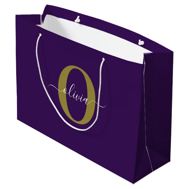 Customised Monogram Script Name Purple White Gold Large Gift Bag (Back Angled)