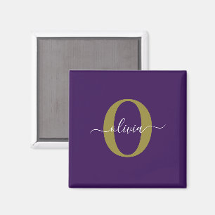 Customised Monogram Script Name Purple White Gold Magnet