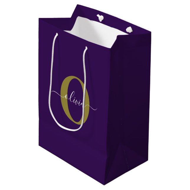Customised Monogram Script Name Purple White Gold Medium Gift Bag (Front Angled)