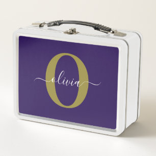 Customised Monogram Script Name Purple White Gold Metal Lunch Box