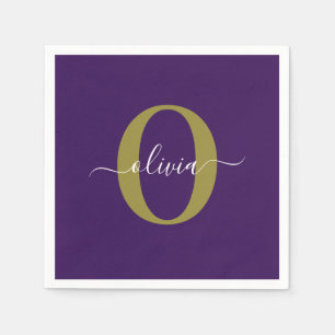 Customised Monogram Script Name Purple White Gold Napkin