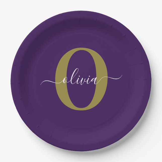 Customised Monogram Script Name Purple White Gold Paper Plate (Front)