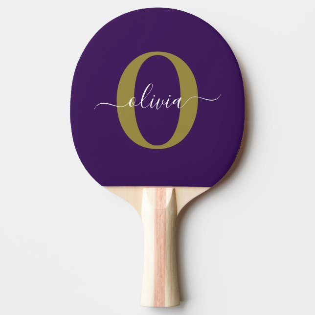 Customised Monogram Script Name Purple White Gold Ping Pong Paddle (Front)