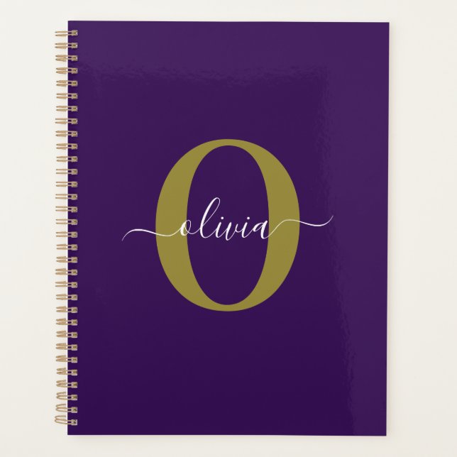 Customised Monogram Script Name Purple White Gold Planner (Front)