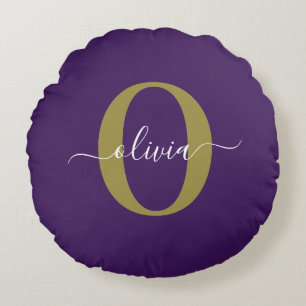 Customised Monogram Script Name Purple White Gold Round Cushion