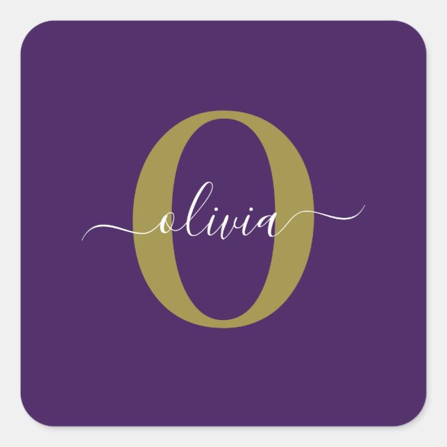 Customised Monogram Script Name Purple White Gold Square Sticker (Front)