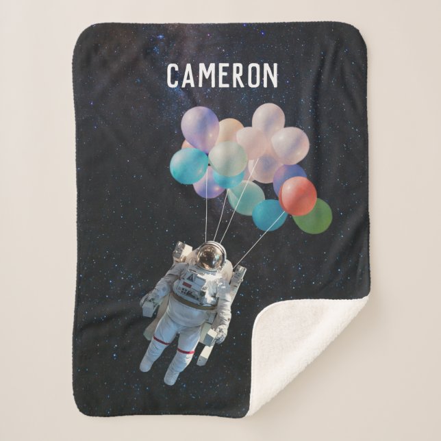 Customised Name Astronaut Stars & Space Balloons Sherpa Blanket (Front)