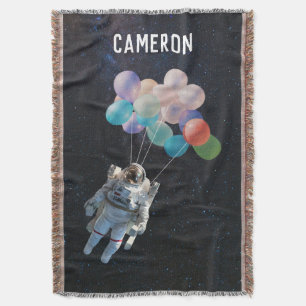 Customised Name Astronaut Stars & Space Balloons Throw Blanket
