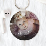 Customised Name Baby Photo Pretty Chic Script Key Ring<br><div class="desc">Create your own personalised round keychain with your custom pretty handwritten script name and favourite photo.</div>