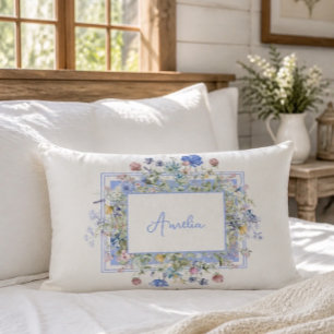 Customised Name Blue Floral Wildflower Lumbar Cushion