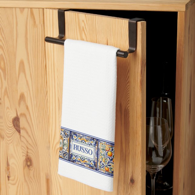 Customised Name Blue & Yellow Mediterranean Tile Tea Towel (Thirds Fold)