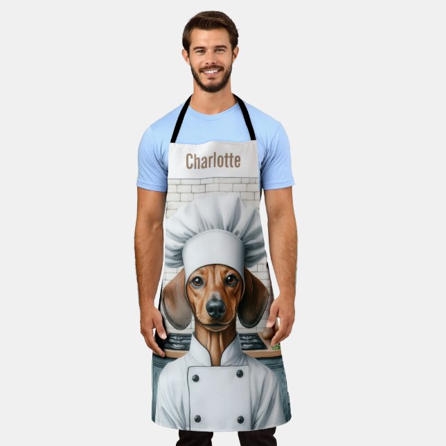 Customised Name Dachshund Dog Cooking Chef Apron (Worn)