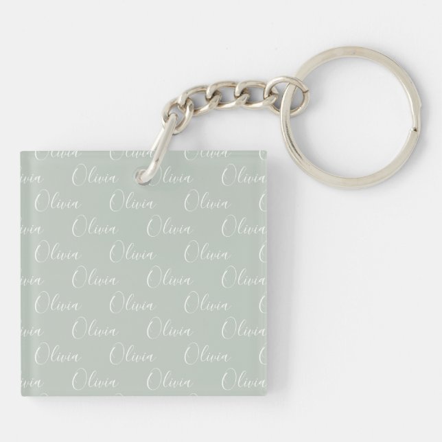 Customised Name Green White Script Key Ring (Back)