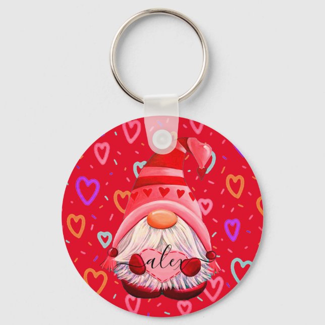 Customised Name LOVE Hearts Gnome Valentine Gift Key Ring (Front)