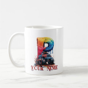 Customised Name 'P' Mud Splatter Monstrous Truck Coffee Mug