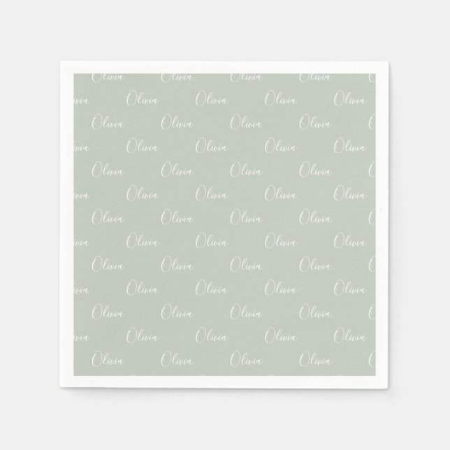 Customised Name Sage Green White Script Napkin (Front)