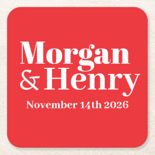 Customised Name Simple Modern Elegant Mono Wedding Square Paper Coaster