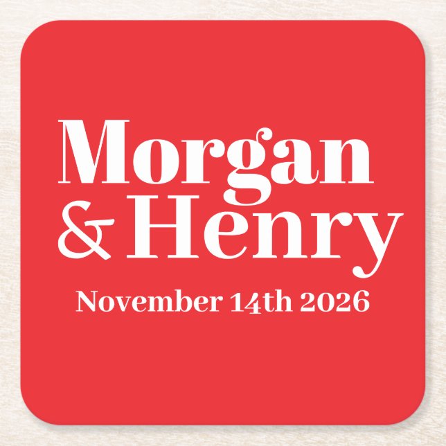 Customised Name Simple Modern Elegant Mono Wedding Square Paper Coaster (Front)