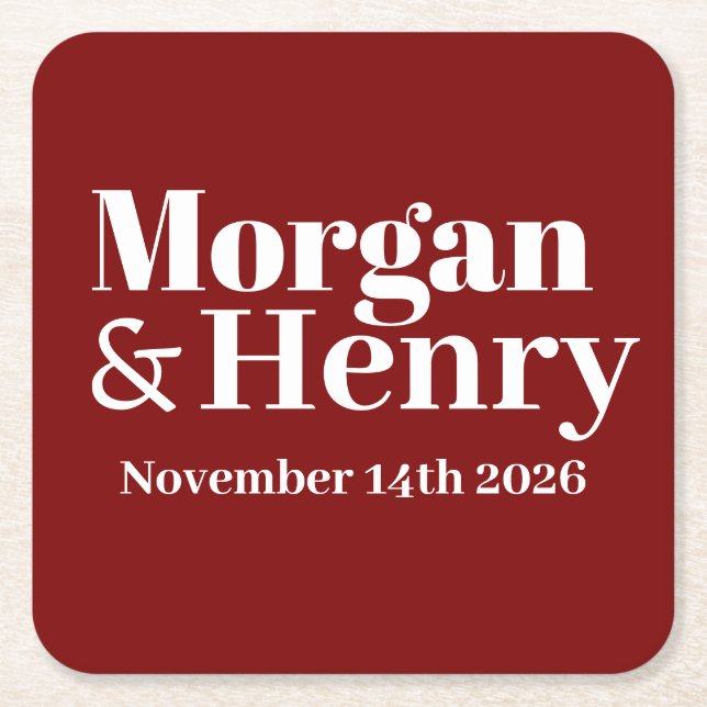 Customised Name Simple Modern Elegant Mono Wedding Square Paper Coaster (Front)