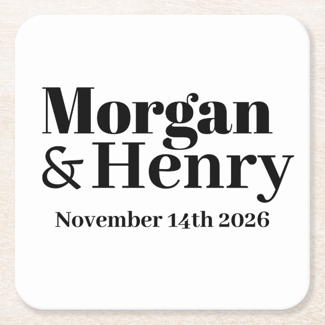 Customised Name Simple Modern Elegant Mono Wedding Square Paper Coaster (Front)