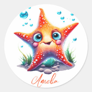 Customised Name Smiling Orange Starfish Lover Gift Classic Round Sticker