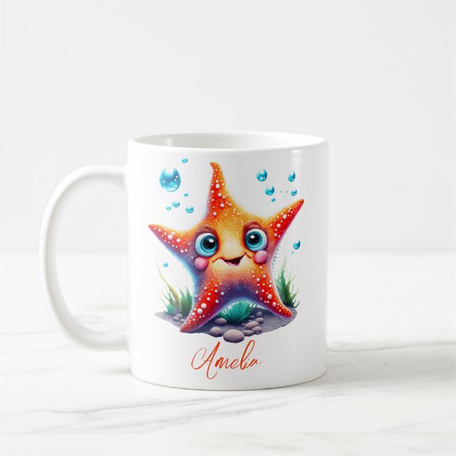 Customised Name Smiling Orange Starfish Lover Gift Coffee Mug (Left)