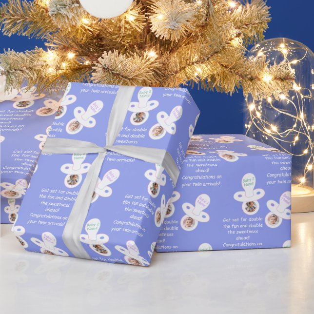 Customised Name Text and Photo Twin Baby Pacifiers Wrapping Paper (Holidays)