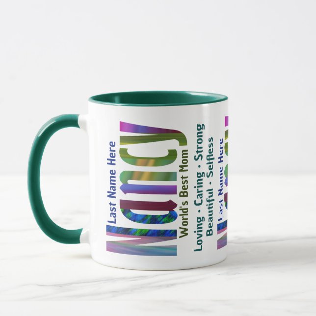 Customised "Nancy" Bright and Colourful Typography Mug (Left)