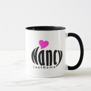 Customised "Nancy" in Black and White, Pink Hearts Mug