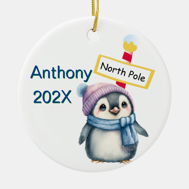 Customised North Pole Penguin Christmas Ceramic Ornament (Front)