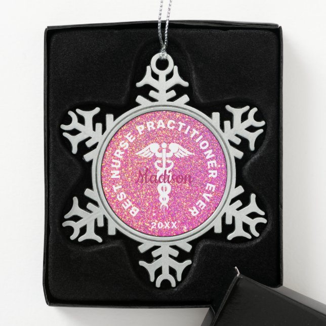 Customised Nurse Practitioner NP Graduation Pink Snowflake Pewter Christmas Ornament (Box)