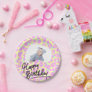 customised Pastel Leopard Print Happy Birthday Paper Plate