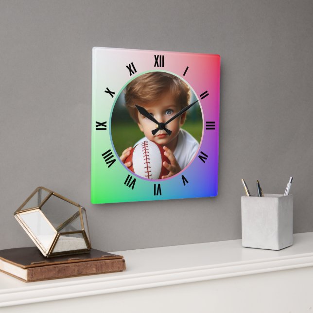 Customised Photo, Roman Numerals on Pastel Rainbow Square Wall Clock (Office)