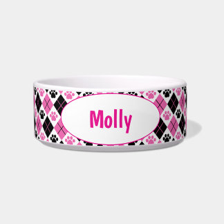 Customised Pink & Black Argyle Paw Print Bowl