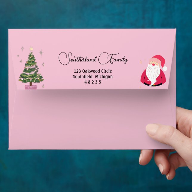 Customised Pink Christmas Envelope with Santa (Hand)
