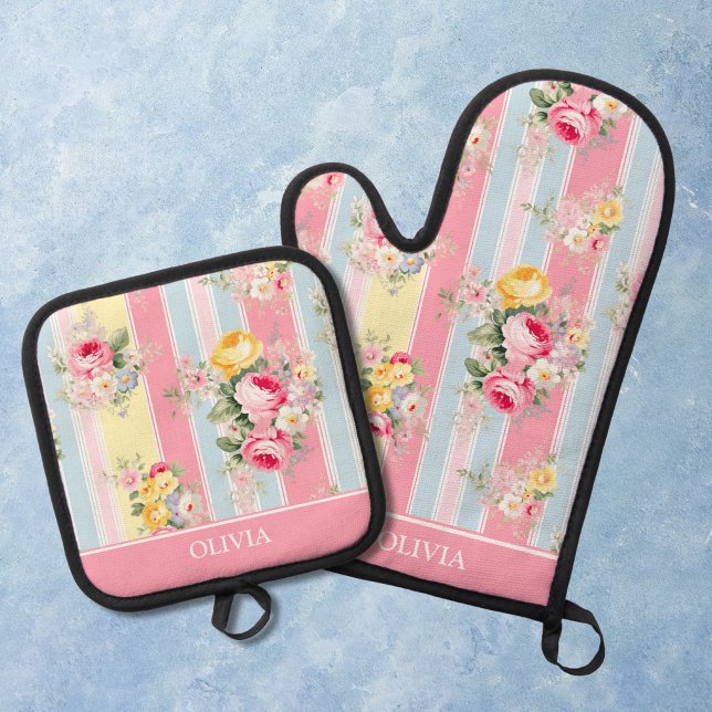 Customised Pink Floral Striped Oven Mitt & Pot Holder Set (Creator Uploaded)