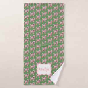 Customised Pink Poodle on Green Bath Towel