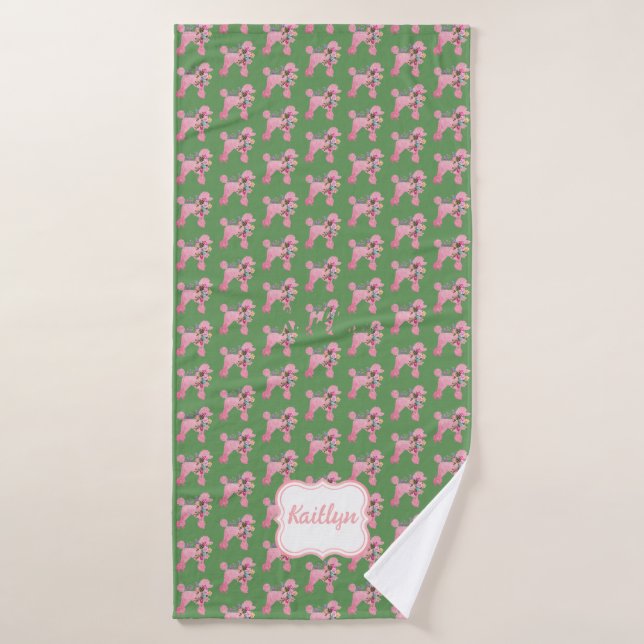 Customised Pink Poodle on Green  Bath Towel (Bath Towel)