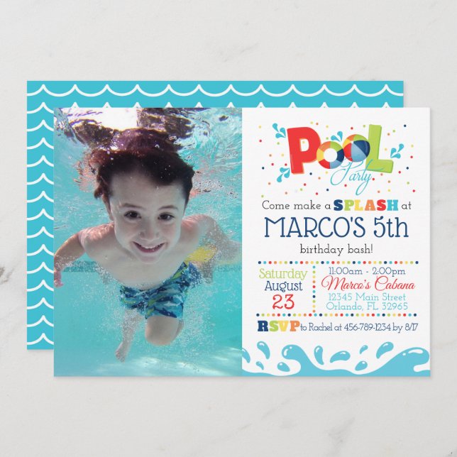 Customised Pool Party Birthday Party Invitation (Front/Back)