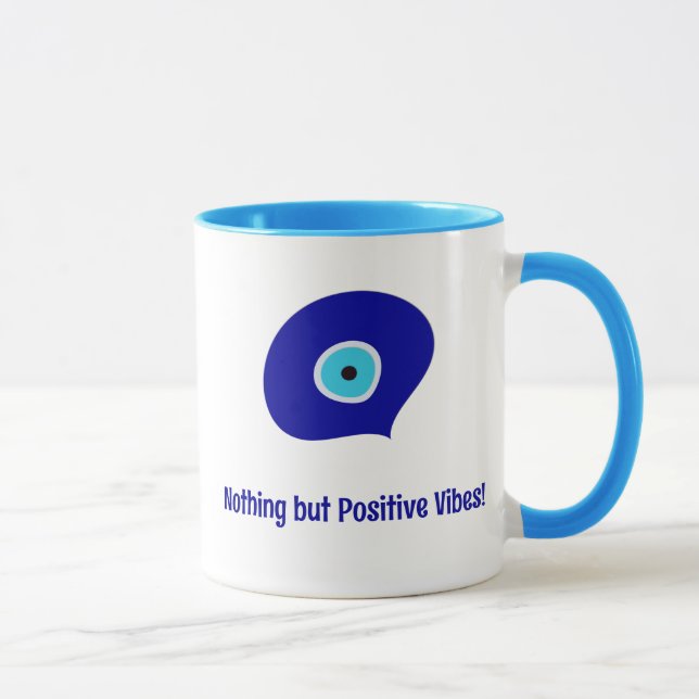 Customised Positive Vibes, Blue Evil Eye Tear Drop Mug (Right)