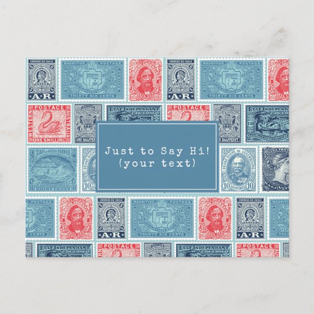 Customised Postal Stamps Vintage Blue Red Pattern Postcard (Front)