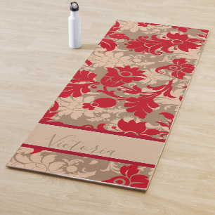 Customised Pretty Red Tan Damask Name Yoga Mat