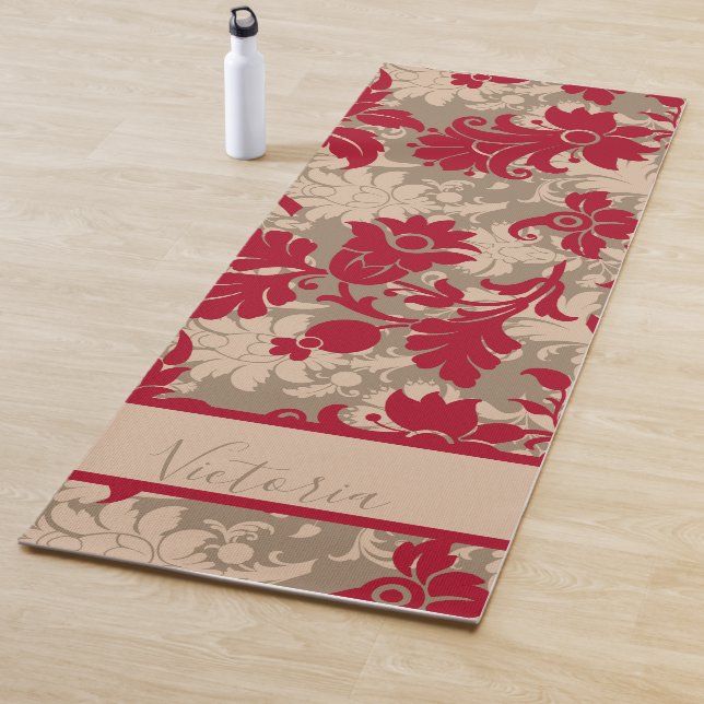 Customised Pretty Red Tan Damask Name Yoga Mat (In Situ)