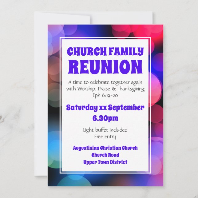 Customised Purple Bokeh CHURCH FAMILY REUNION Invitation (Front)