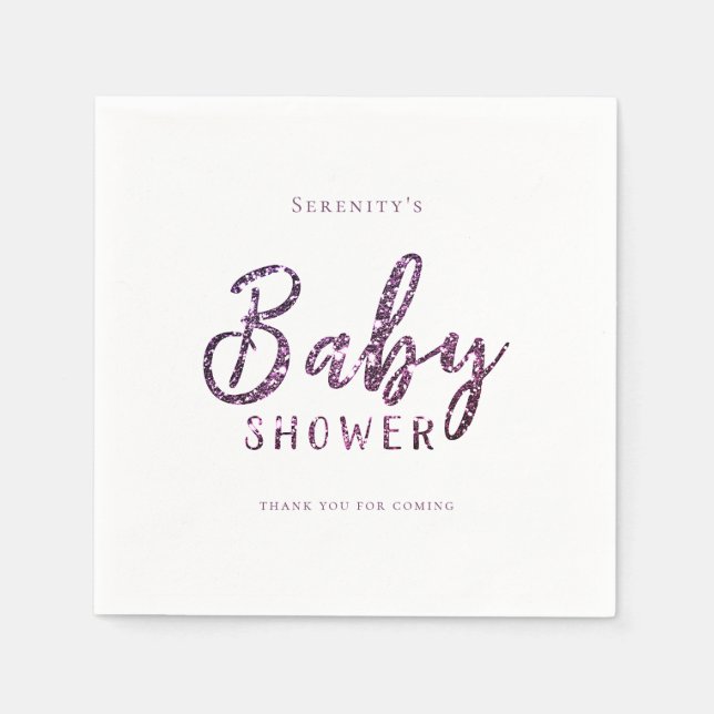 Customised purple sparkle glitter baby shower napkin (Front)